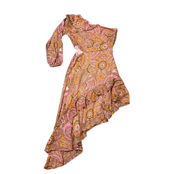 BCBGeneration Paisley One-Shoulder Dress Cut Out Asymmetrical Pink Orange Dress - Picture 4 of 7